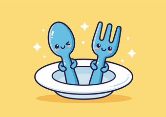 Cute Spoon and Fork Cartoon Vector Icon