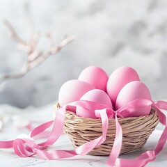 Easter eggs in a basket with pink ribbon and delicate branches