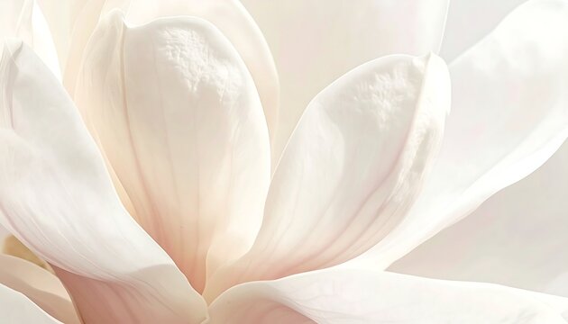 Dreamy close up of a delicate white magnolia blossom, radiating serenity and natural beauty, perfect for spa designs or elegant wedding invitations, soft light, floral elegance