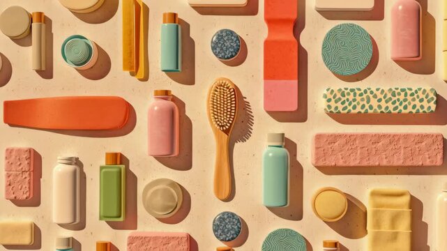 Pastel bathroom accessory arrangement with brush, bottle, soap, and container in modern minimal style, calm organized hygiene essentials flat lay