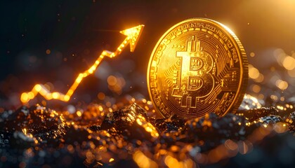 Golden Bitcoin coin glowing with futuristic lighting, digital circuit patterns
