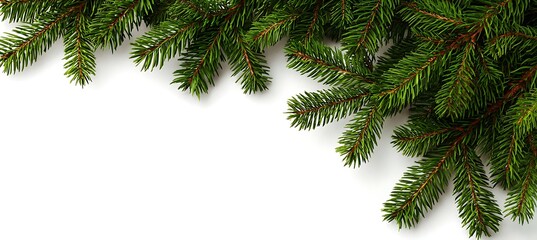 Green fir branch isolated on white background, a fresh christmas tree twig with copy space on right side