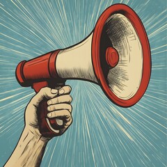 Hand holding a vintage megaphone against a blue sunburst background