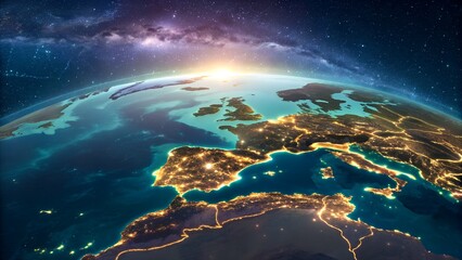 Earth appears from space, showing bright city lights illuminating Europe and Africa at night with the sun rising among the stars.