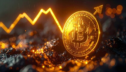 Golden Bitcoin coin glowing with futuristic lighting, digital circuit patterns