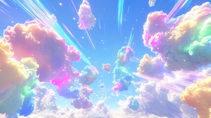 Dreamy pastel clouds with rainbow light streaks and sparkles