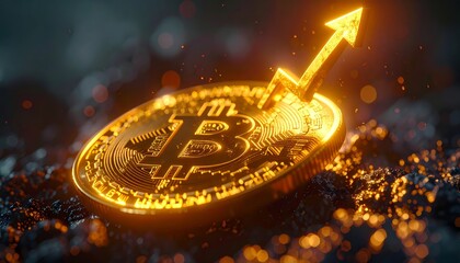 Golden Bitcoin coin glowing with futuristic lighting, digital circuit patterns