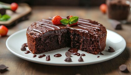 Rich chocolate cake with fresh strawberry and mint on top