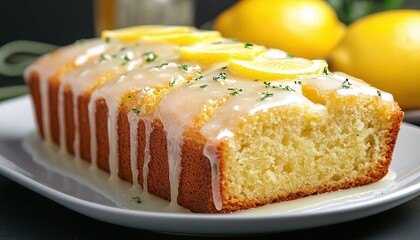 Lemon loaf cake with a drizzle of sweet icing and lemon garnish