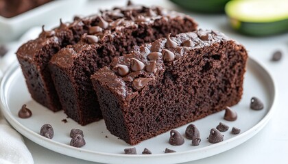 Close up of sliced chocolate loaf cake with chocolate chips