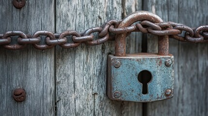 Rusty padlock secured wooden gate