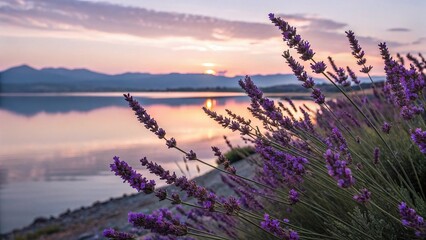 Lavender field at sunset with calm lake and distant mountains