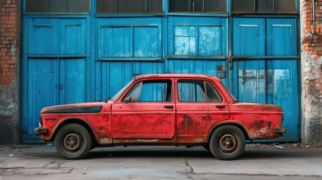 Rusty red car by blue doors - Powered by Adobe