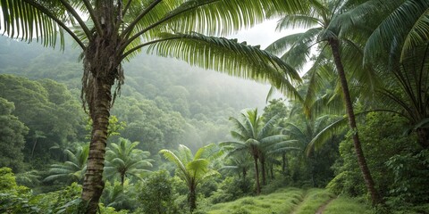 Lush green rainforest with palm trees and a path in the rain