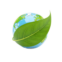 Globe is Embraced by a Leaf in 3D Rendering on Transparent Background, Showing Environmental Awareness