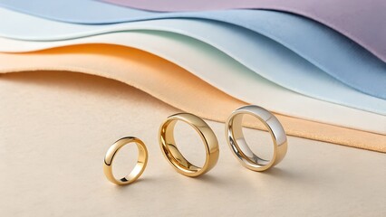 Elegant gold wedding bands and engagement rings are beautifully arranged on a light surface with a soft backdrop of colorful pastel fabrics.