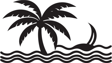 Island paradise getaway with palm tree and sailboat on ocean waves, perfect tropical vacation vibe