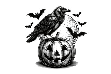 Vintage Halloween Illustration of Raven and Jack-o-Lantern