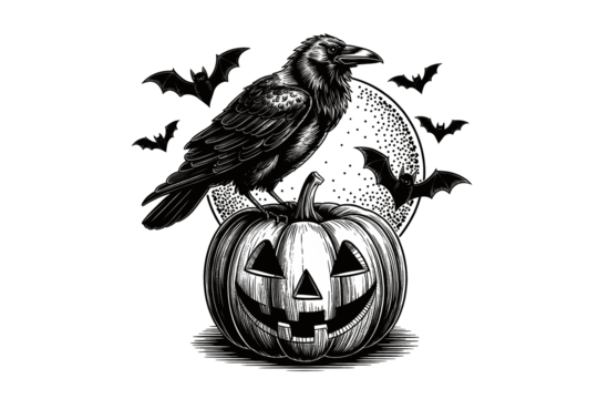 Vintage Halloween Illustration of Raven and Jack-o-Lantern - Powered by Adobe