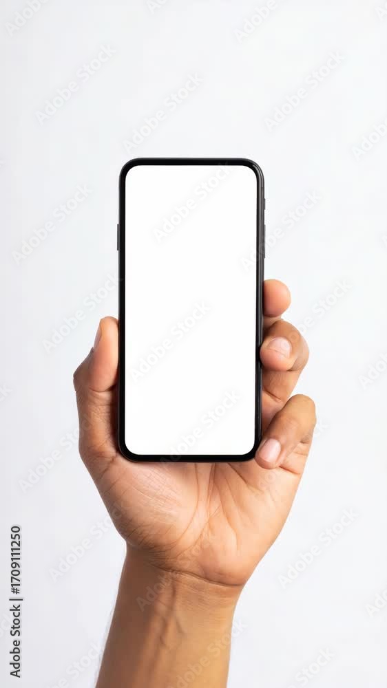 Poster hand holding smartphone with blank screen, showcasing a modern mobile device, presentation of app or