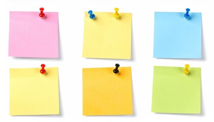 Six colorful square sticky notes pinned to a white surface, arranged in two rows, each with a different pushpin and shadow