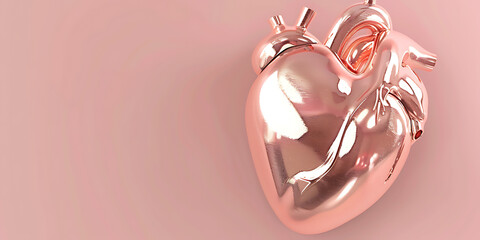 Gleaming rose gold heart sculpture on a soft pink background, symbolizing love and health.
