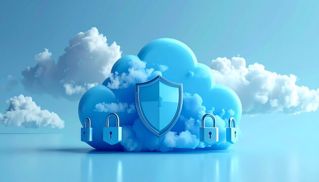 A secure cloud computing system, depicted as a cloud fortress surrounded by protective padlocks and shields