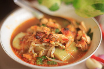 Bowl of Authentic Soto Ayam with Shredded Chicken and Aromatic Spices