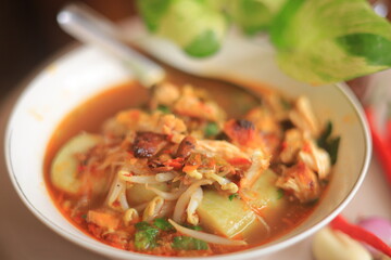 Bowl of Authentic Soto Ayam with Shredded Chicken and Aromatic Spices
