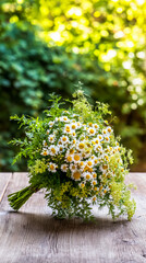 Fresh daisies in a simple bouquet, bathed in natural daylight with a soft green backdrop.

