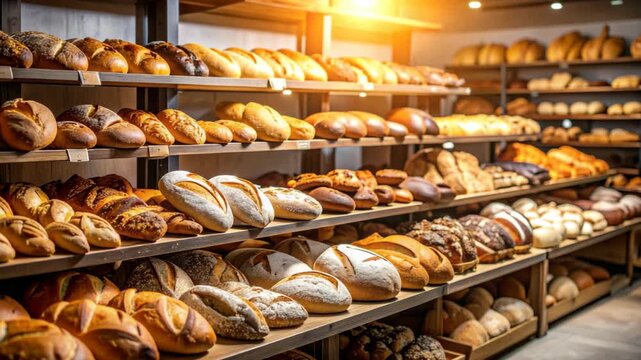 Assortment of freshly baked breads on wooden shelves at a bakery with various types, crusts, and flours displayed.