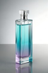 A sleek glass perfume bottle shows a vibrant blue and purple color gradient standing on a reflective surface in a clean studio.
