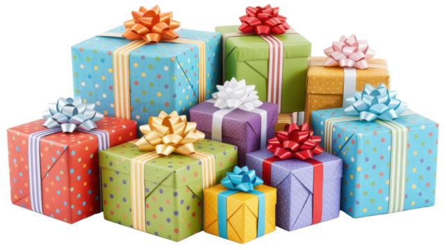 Colorful Gift Boxes with Ribbons on White Background