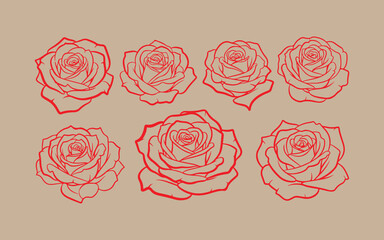 Collection of hand drawn red rose outlines on a textured brown background
