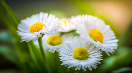 Obraz premium Fresh daisies in a simple bouquet, bathed in natural daylight with a soft green backdrop.