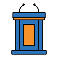 A minimalist illustration of a blue and orange podium with two microphones, perfect for presentations or speeches