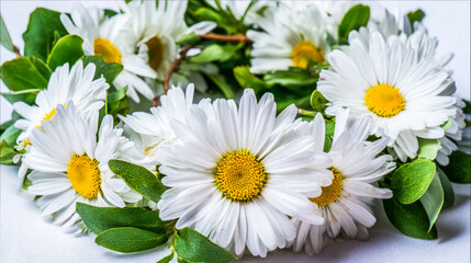 Obraz premium Fresh daisy flowers in circular arrangement, highlighting white petals and yellow centers with natural light. 
