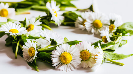 Obraz premium Fresh daisy flowers in circular arrangement, highlighting white petals and yellow centers with natural light. 