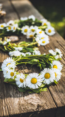 Fototapeta premium Fresh daisy flowers in circular arrangement, highlighting white petals and yellow centers with natural light. 