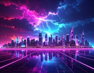 Futuristic City Skyline with Neon Lights and Aurora