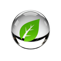 Green Leaf Symbol Sits Inside Glass Sphere on Transparent Background, representing Ecology, Nature