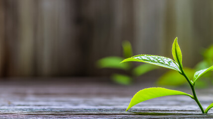 Obraz premium Close-up of fresh tea leaves on a rustic wooden surface, bathed in soft natural light with a blurred background. 