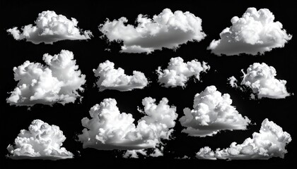 Twelve fluffy white cumulus clouds of varying sizes and shapes are presented against a stark black background. Each cloud is individually isolated