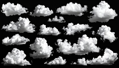 Cloud Collection A stark contrast of fluffy white clouds against a solid black background showcases an array of isolated cloud formations