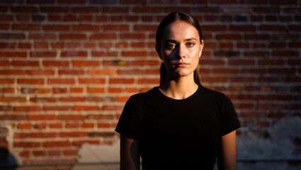 A woman poses against a rustic brick wall, illuminated by dramatic lighting, highlighting her features in an urban atmosphere. Generative AI.