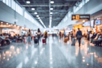 Blurred airport terminal scene with people walking and sitting