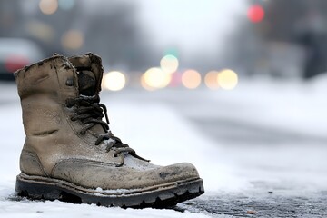 A close up of a pair of worn out shoes sitting on the ground the focus on the shoes and the background blurred
