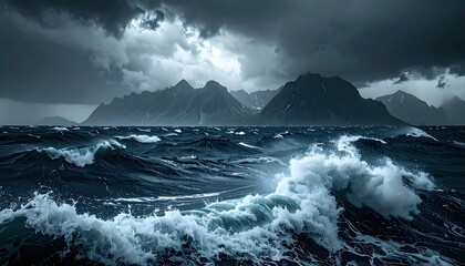 Dark, foreboding landscape features turbulent ocean waves crashing below jagged mountains under an ominous, cloudy sky, evoking a sense of drama