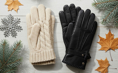Warm winter knitted and leather gloves flat lay on rustic wood background.