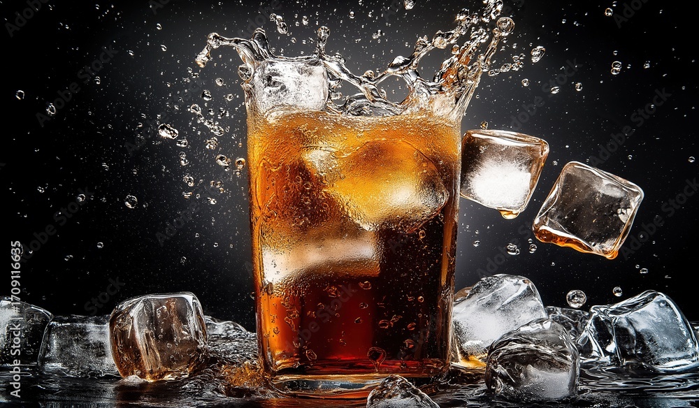 Poster energetic chilled cola drink with ice cubes splashing against dark background for beverage refreshme